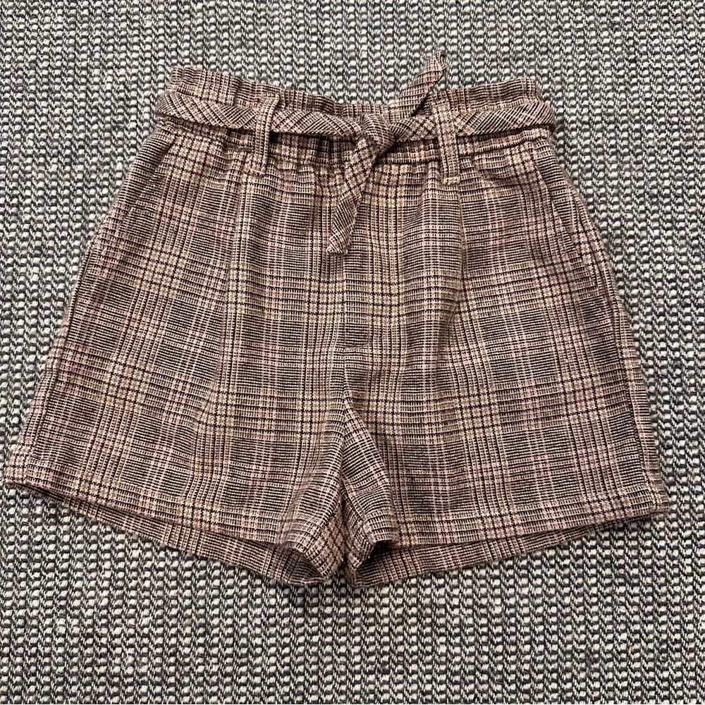 Plaid High Waist Shorts - Brown